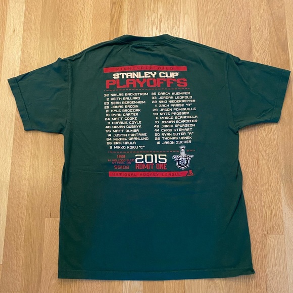 Rebook Minnesota Wild 2015 Playoff Green Tee Shirt w Player Roster / Mens Size L - Picture 4 of 8